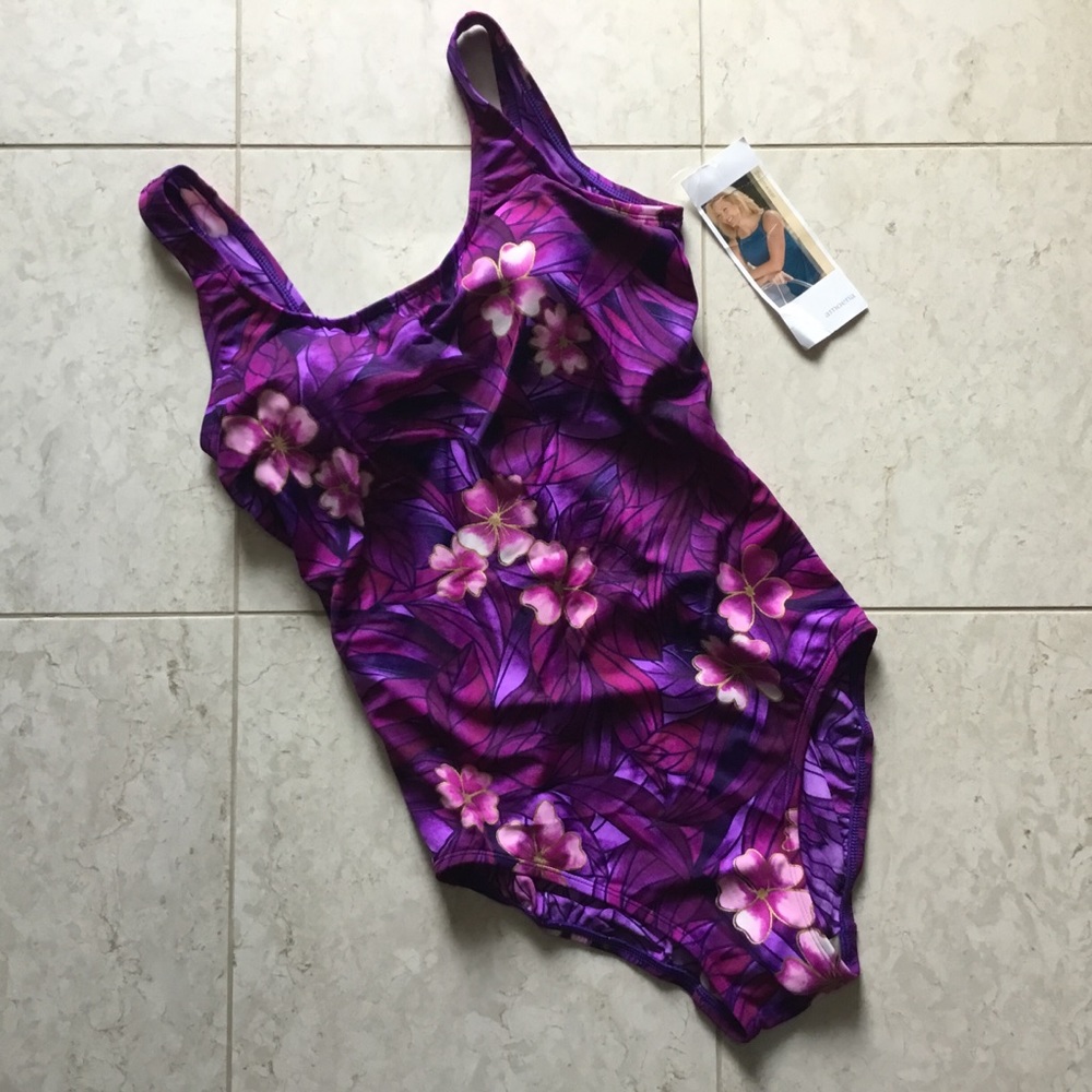 NWT AMOENA purple floral 1 pc swimsuit 10 M